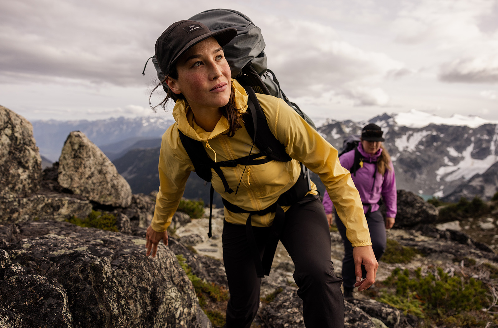Women hiking in the mountains in Arc'teryx gear