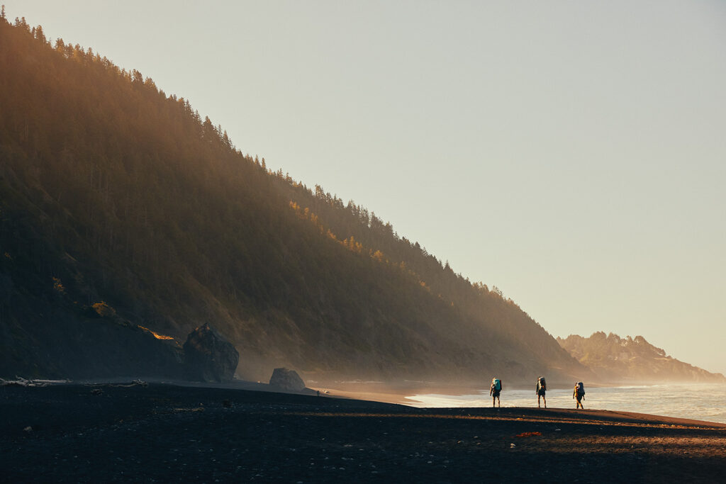 Three hikers walk far away with their backs to the camera by the sea at sunset.