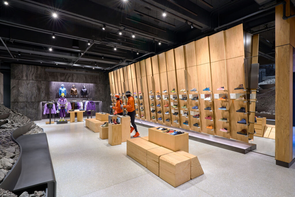 Footwear area inside Arc'teryx Rockefeller store.