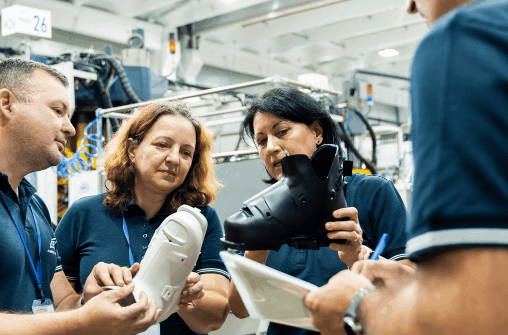 Amer Sports factory team inspecting ski boot parts on the production floor in Romania.
